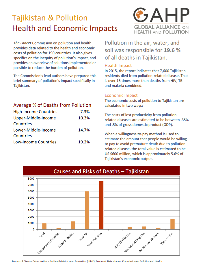 Pollution in the air, water, and soil was responsible for 19.6 % of all deaths in Tajikistan.