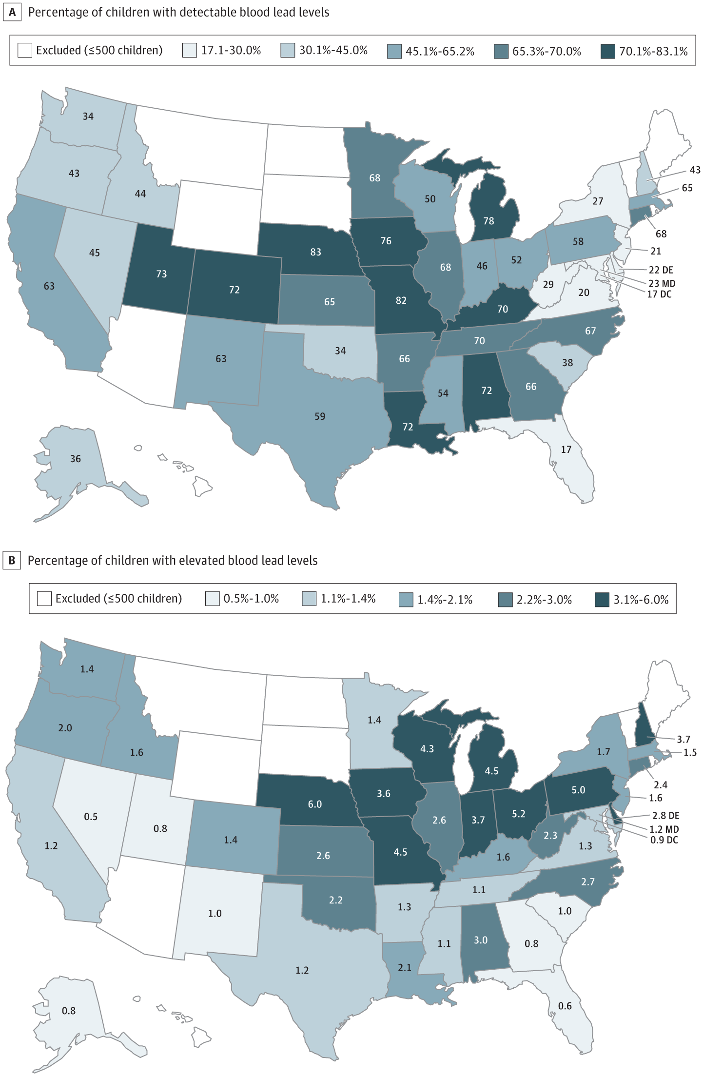 Figure 1.  Children With Detectable or Elevated Blood Lead Levels by State