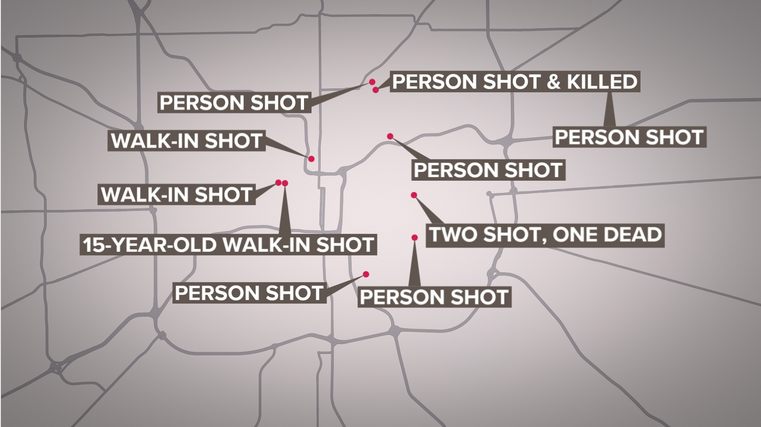 A map of the locations where people were shot during the overnight hours of Nov. 23-24, 2024 across Indianapolis.